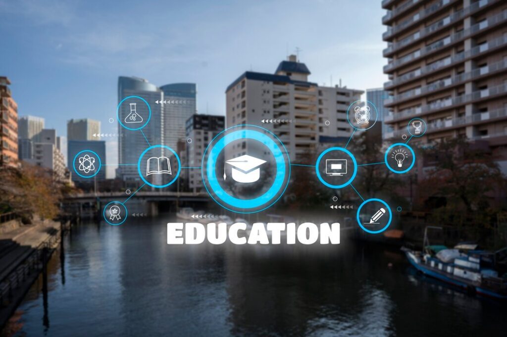 A digital education concept with futuristic icons representing online learning, technology, and modern education solutions.