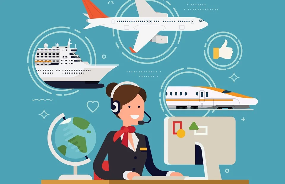 Travel agency representative assisting with flight, cruise, and train bookings.